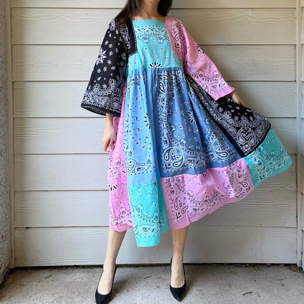 Handmade Bandana Dress/Midi/Mint Pink Beige Black SKU 26660